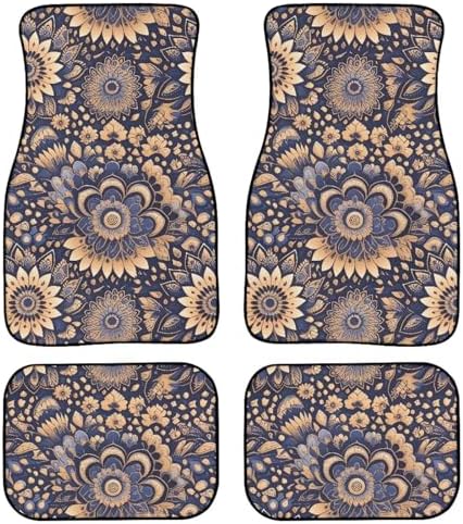 Mandala 4 Pcs Automotive Mats Retro Ethnic Tribe Mandala All Weather Car Decor Accessories Lotus Flower Graphic Universal Fit Floor Mats for SUV, Truck Soft Heel Pad