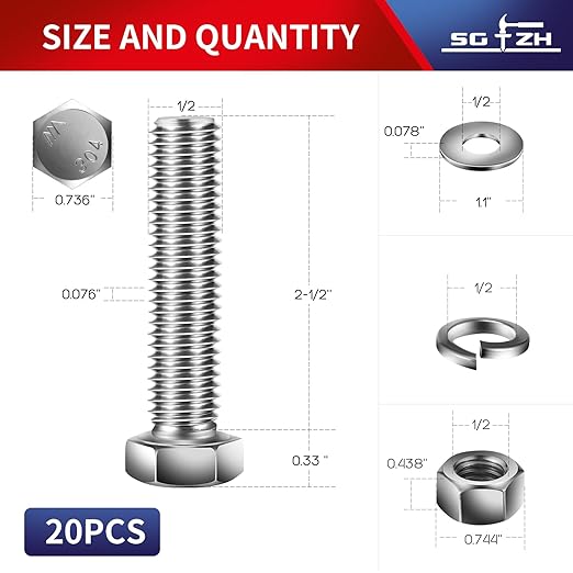 1/2-13 x 2-1/2" Hex Head Screw Bolt, Flat & Lock Washers, Fully Threaded - Image 2