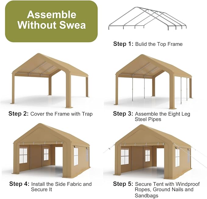 10x20FT Portable Garage, Galvanized Frame & 180 g PE Waterproof Canopy - Image 3
