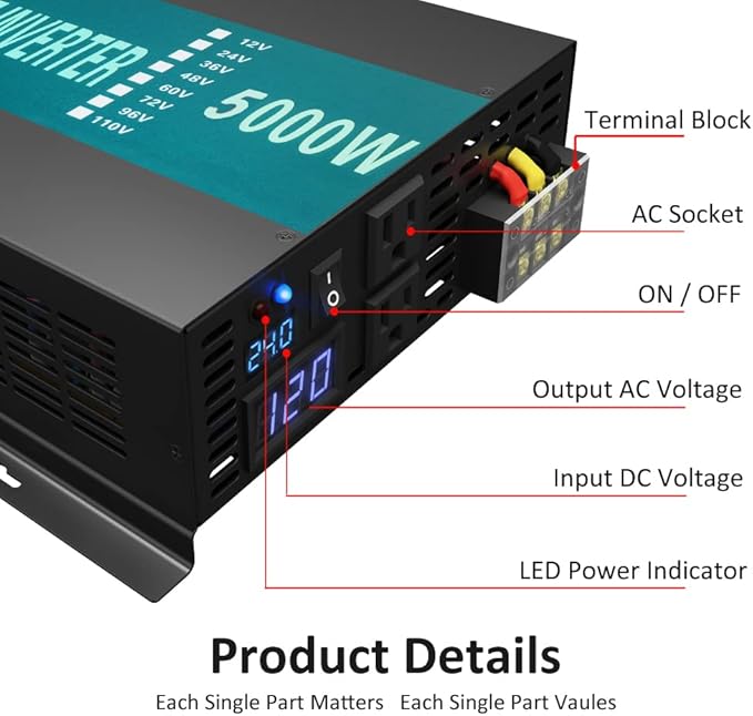 WZRELB Pure Sine Wave 5000W 24V Power Inverter DC to AC Power - Image 2