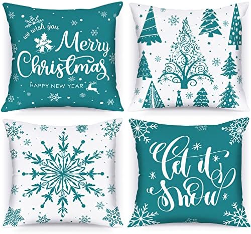 Lanpn Christmas Throw Pillow Covers 20x20 Set of 4, Merry Christmas Winter Xmas Snowflake Decorative Holiday Cushion Pillow Cases 20 x 20 for Outdoor Indoor Farmhouse Home Room Couch Decor (Teal) by Lanpn