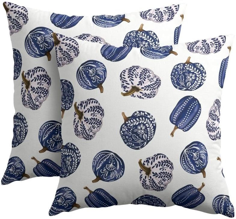 Fall Chinoiserie Pumpkin Throw Pillow Covers 22x22 Set of 2 Autumn Blue White Porcelain Thanksgiving Pillow Covers Autumn Pillowcase for Kitchen Sofa Cushion Outdoor Bedroom Decoration by Trongr