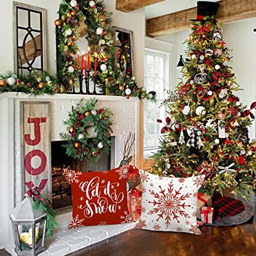 Lanpn Christmas Throw Pillow Covers 22x22 Set of 4, Merry Christmas Winter Xmas Snowflake Decorative Holiday Cushion Pillow Cases 22 x 22 for Outdoor Indoor Farmhouse Home Room Couch Decor (Red) - Image 6