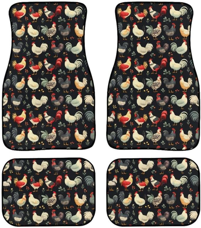 Retro Chicken Floral Print Non-Slip Car Mats Set Watercolor Animal Hen Carpet Vehicle Floor Mats Car Decor Accessories Front & 2nd Row Floor Mats for Driver Seat, Black