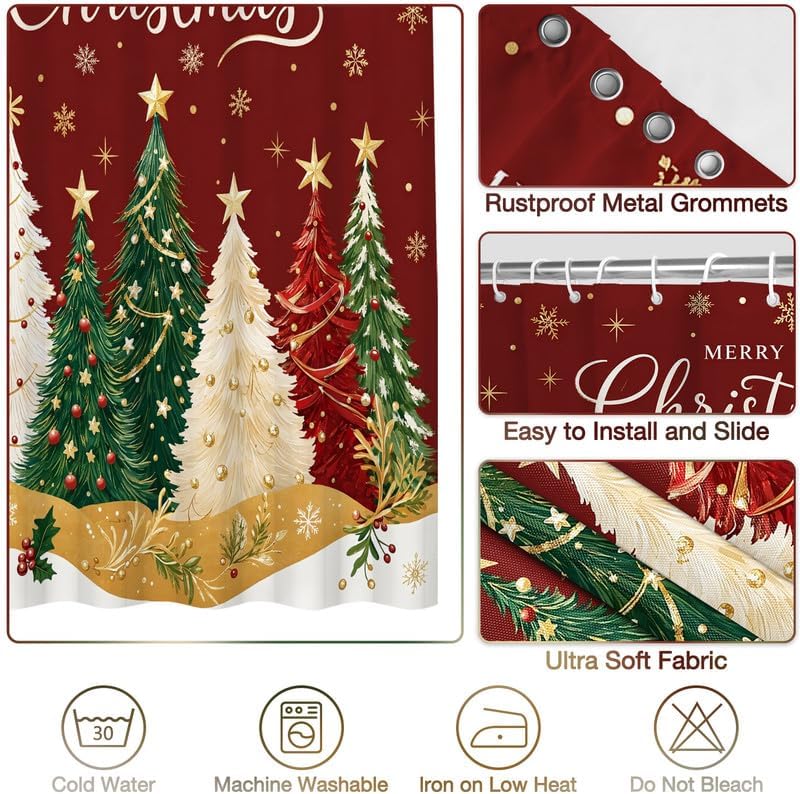Red Christmas Shower Curtain for Bathroom, 60x72 Inch Waterproof Fabric - Image 4