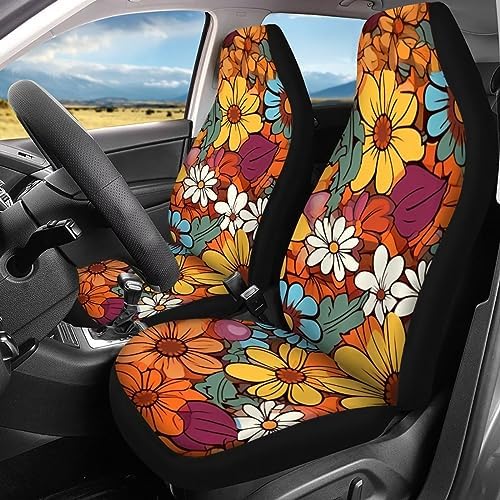 Abstract Hippy 60s 70s Groovy Floral Print Car Accessories Car Seat Covers for Women Girls Front Rear Seat Covers Universal Fits for Most Truck Sedan SUV Van Auto Interior Decoration,4pcs