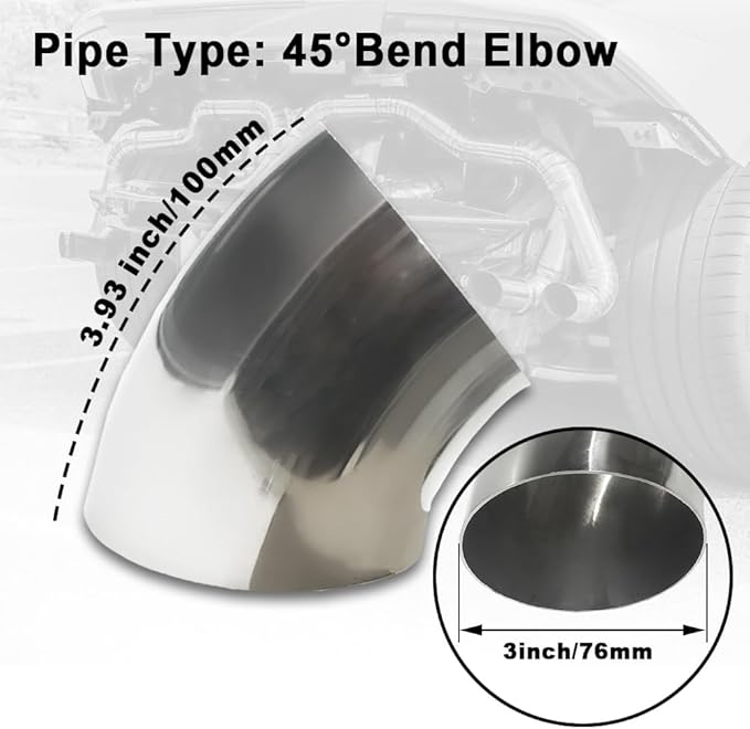 OD 3 Inch 45 Degree exhaust elbow Pipe SS304 Stainless Steel Bend Suitable - Image 3