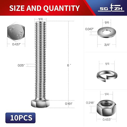 1/4-20 x 6" Hex Head Screw Bolt, Flat & Lock Washers, Fully Threaded, by SG TZH - Image 2