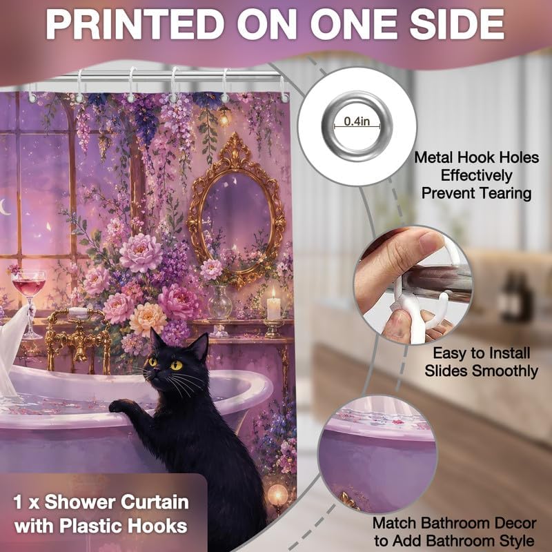 Long Shower Curtain 72x78 Inch Pink Halloween Shower Curtain Funny Ghost Flowers Cat Bathtub Curtains for Bathroom Cute Halloween Home Decor with 14 Hooks - Image 5