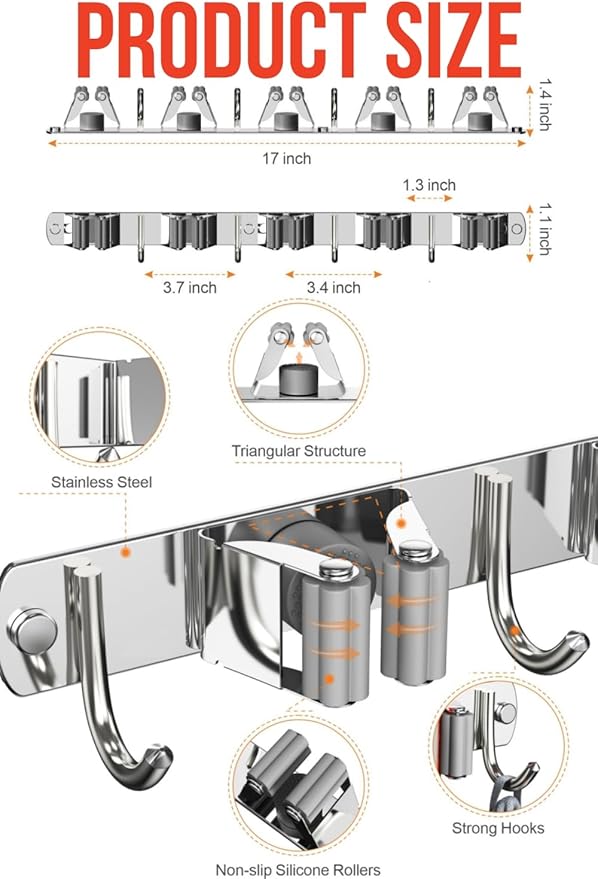 Mop and Broom Holder Wall Mount, Upgraded Broom Hanger Wall Mount, Stainless - Image 4