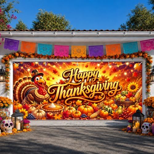 IVN Thanksgiving Garage Door Cover 16x7ft Turkey Pumpkin Fall Banner - Image 5