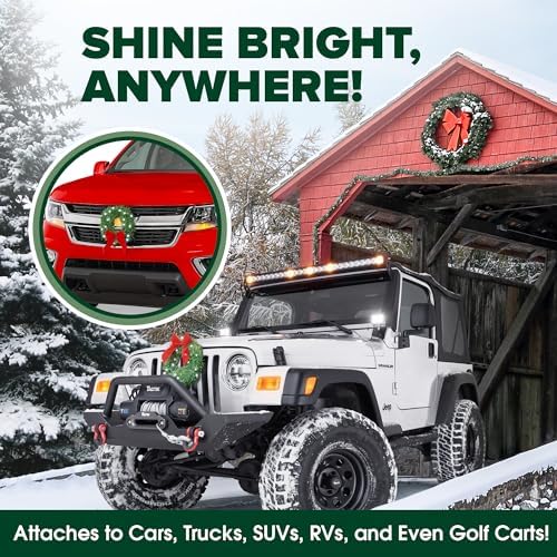 TACTIK Christmas Car Decoration - Car Christmas Wreath - 2025 Light-Up Christmas Wreath for Vehicle Grill - Fits Jeeps Trucks SUVs RVs Golf Carts and More - 12-Volt Plug-in Wreath Lighting - Image 5