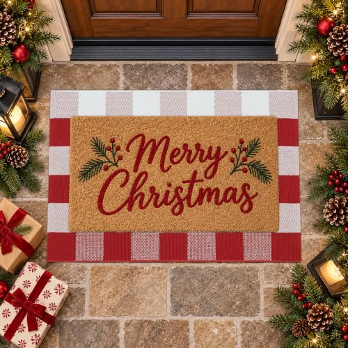 Christmas Red and White Plaid Rug 24 x 36 Inches, Cotton Hand-Woven Buffalo Check Door Mat, Washable Layered Entryway Rug for Front Porch, Kitchen and Holiday Decor - Image 4