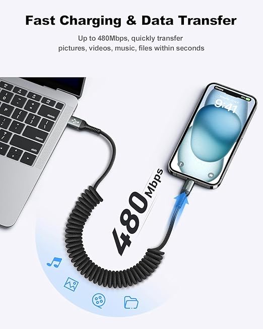 USB A to USB C Cable 3FT/6FT, Coiled USB C Cable - Image 6