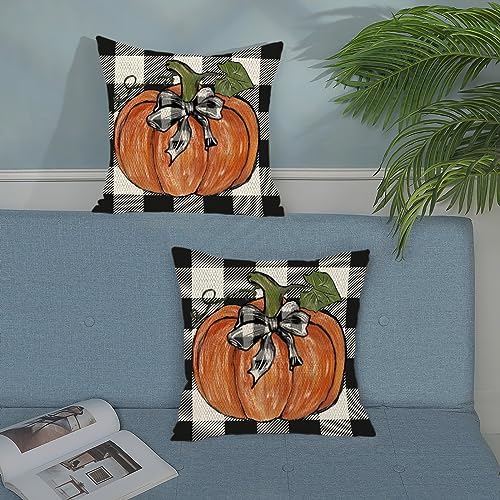 Fall Pillow Covers 16x16 Set of 2 Pumpkin Maple Leaves and Buffalo Plaid Fall Decor Pillowcase Linen Autumn Thanksgiving Decorative Outdoor Throw Pillow Covers Farmhouse Cushion Case for Couch - Image 4