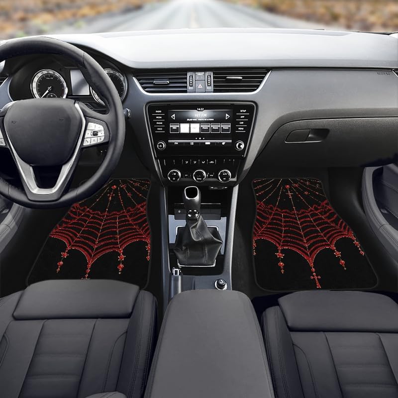 Halloween Spider Web Print Car Carpet Floor Mat Rubber Heel Pad 4PC for Cars Trucks SUV Protection - Gothic Red Line Driver Seat, Passenger Seat and Rear Floor Mats, Black