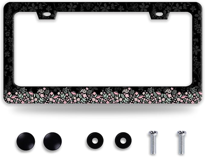 Cute Pink Flowers License Plate Frame Colorful Floral License Plate Frames by NINANMY