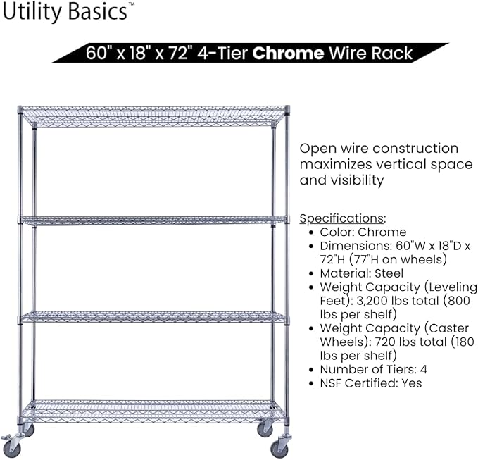 60"x18"x72" Chrome Premium Metal Steel Wire Shelving 4-Tier NSF 3200 LBS MAX - Image 5