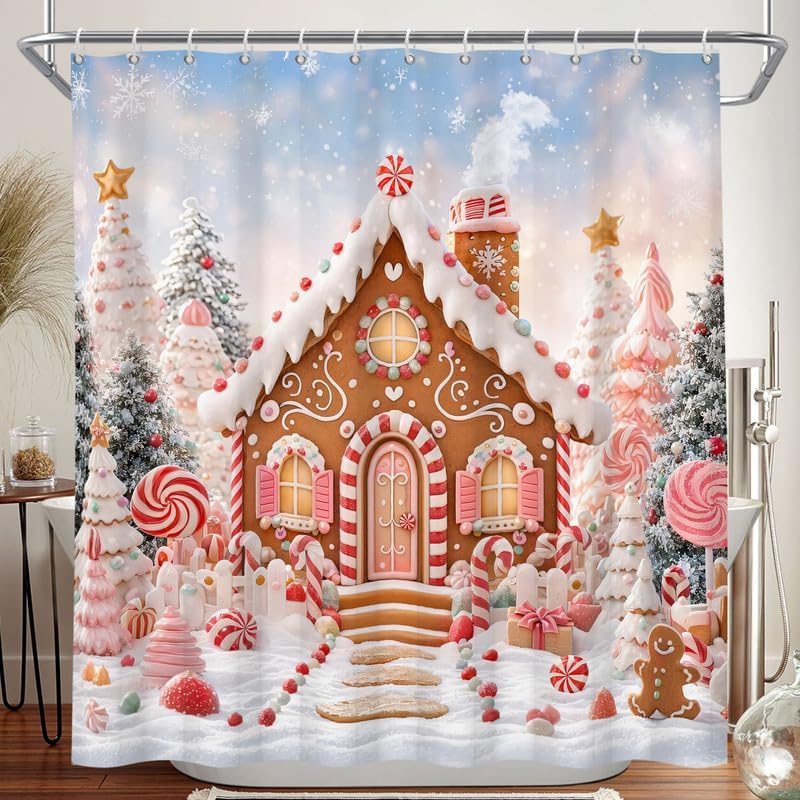Christmas Gingerbread Shower Curtain, 72x84 Inch Waterproof Fabric by Duluxykl