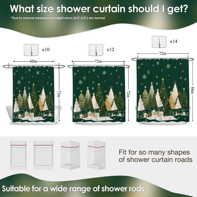 Green Christmas Shower Curtain, 72x78 Inch Waterproof Fabric - Image 2