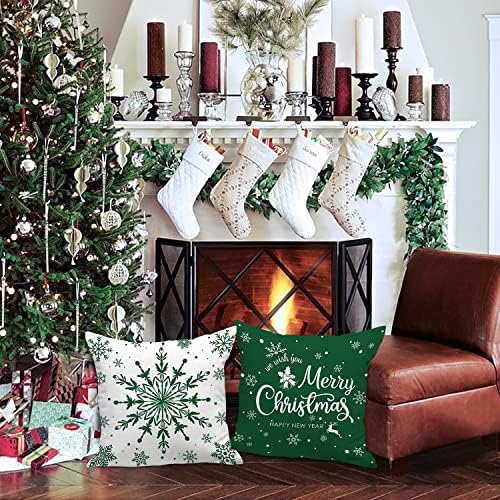 Lanpn Christmas Throw Pillow Covers 20x20 Set of 4, Merry Christmas Winter Xmas Snowflake Decorative Holiday Cushion Pillow Cases 20 x 20 for Outdoor Indoor Farmhouse Home Room Couch Decor (Green) - Image 3