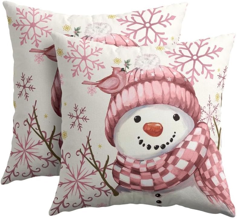 Christmas Pink Throw Pillow Covers 16x16 Set of 2 Winter Snowman Bird by Trongr