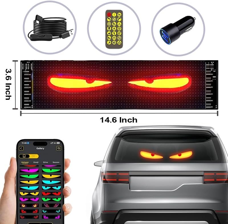 Flexible Devil Eyes Light for Windshield,LED Sign for Car,LED Digital Panel with Animations, Remote Control & Bluetooth APP for Cars,SUVs,Trucks(14.6'' * 3.6''-1PCS)