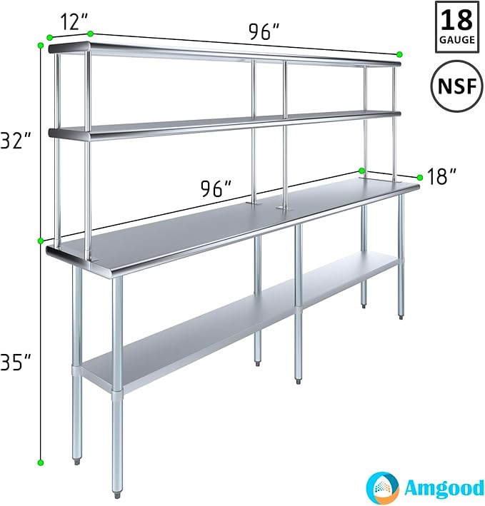 Amgood Stainless Steel Work Table Double Tier Overshelf | Metal Kitchen Prep - Image 3