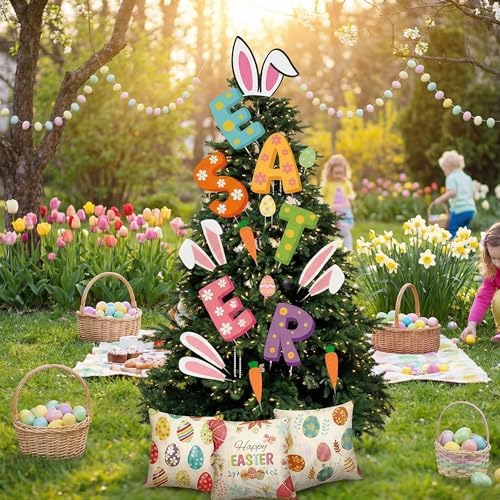 HunnmingRe 19 Pcs Easter Decorations Tree Ornament Large Bunny Ear Tree Topper Easter Egg Pillow Covers Rabbit Ear Picks Carrot Ornaments for Home School Office Spring Party Decor - Image 5