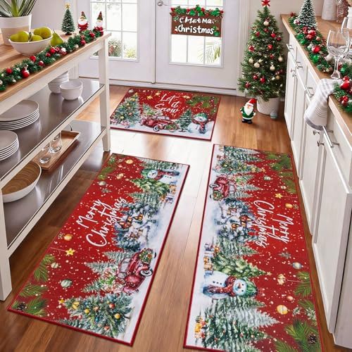 U'Artlines Christmas Kitchen Rugs and Mats Set of 3, Non Skid Tree Car Rug by UArtlines