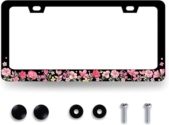 Pink Flowers License Plate Frame Colorful Floral Flower License Plate Stainless by MUAWUOIK