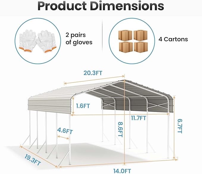 12x20ft Heavy Duty Metal Carport – Outdoor Galvanized Garage, Sturdy Structure - Image 8