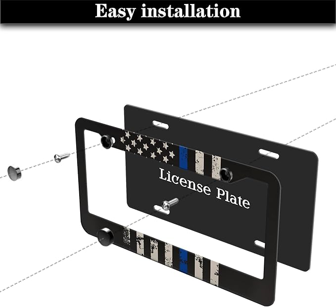 License Plate Frames Black, and Blue Car Plate Frames Thin Blue Line USA Flag - Image 7