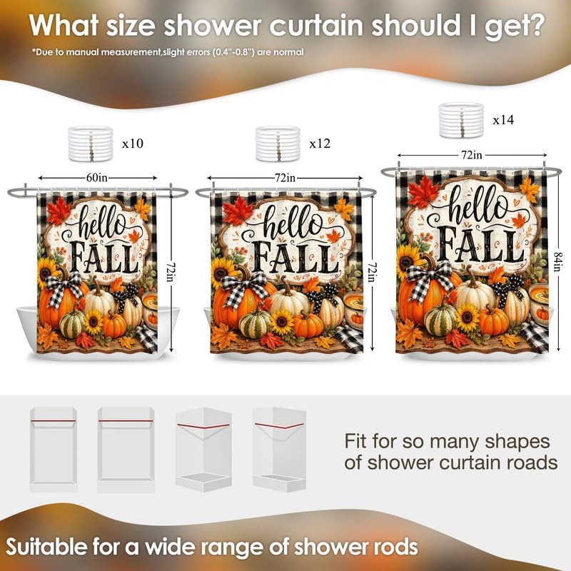 Hello Fall Shower Curtain for Bathroom Autumn Pumpkin Harvest Buffalo Plaid Check Bath Curtains Decor Waterproof Fabric with 10 Hooks, 60x72 Inch - Image 2