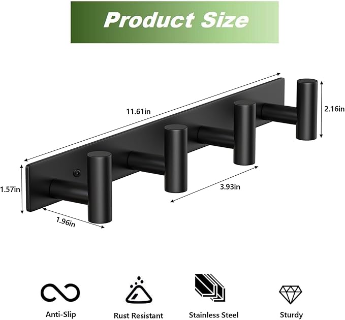 Coat Rack Wall Mounted with 4 Hooks, Wall Hooks - Image 2