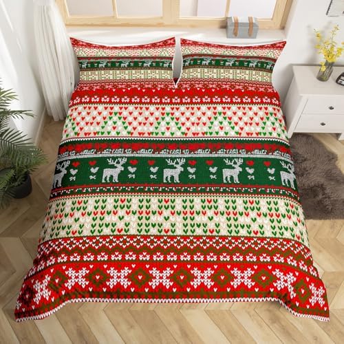 Christmas Deer Kids Duvet Cover Set Full Size,Snowflake Love Heart Xmas Romantic Bedding Set,Girls Boys Adults Room Decor,Merry Christmas Comforter Cover,Red Green Fashion Quilt Cover,2 Pillowcases - Image 4