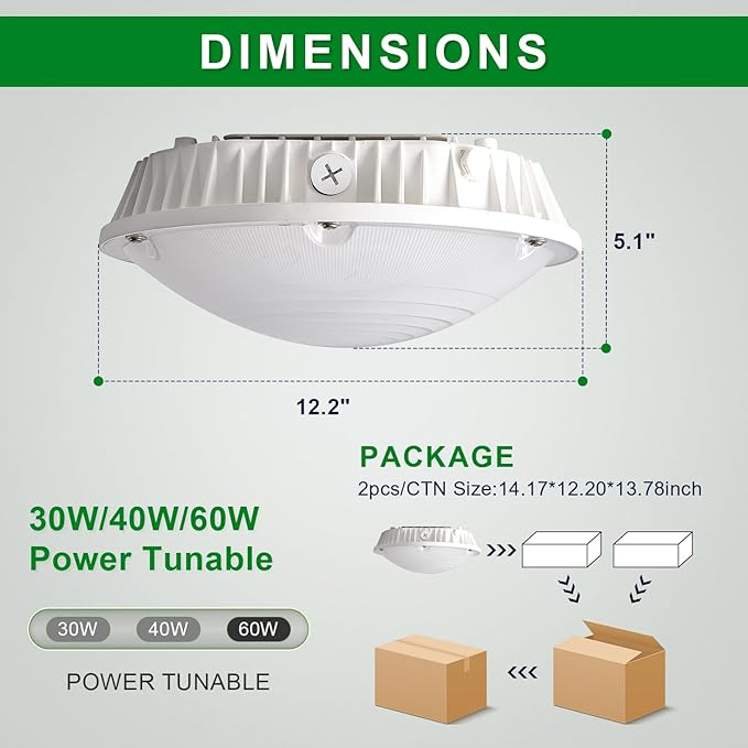 OSTEK LED Garage Light 30W/40W/60W LED Carport Canopy Lights 5000K 90-277V IP65 - Image 4