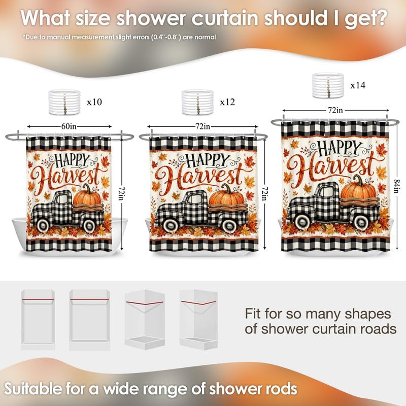 Fall Thanksgiving Harvest Pumpkin Shower Curtain, Autumn Truck Buffalo Plaid Check Leaves Farmhouse Black White Bathroom Curtains 72x72, Fall Friendsgiving Bath Decor, Waterproof Fabric with 12 Hooks - Image 2