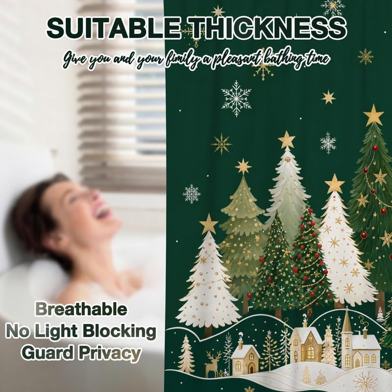 Green Christmas Shower Curtain, 72x78 Inch Waterproof Fabric - Image 6