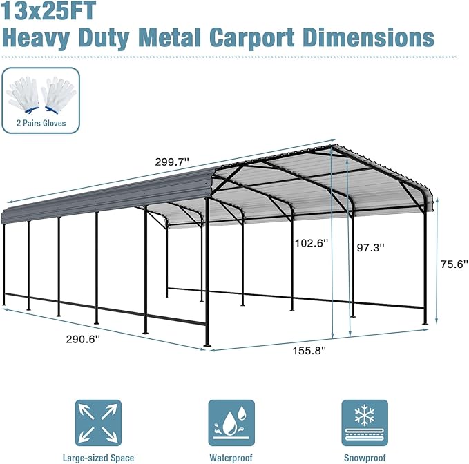 EBE 13' x 25' Metal Carport, Outdoor Steel Carport Canopy - Image 2