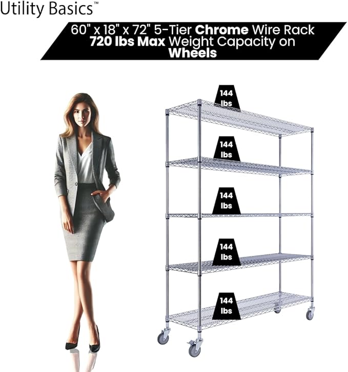 60"x18"x72" Chrome 5-Tier PREMIUM Wire Shelving NSF 4000 LBS MAX CAPACITY Heavy - Image 4