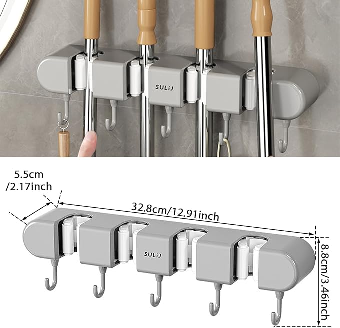 3PCS Broom Mop Holder with Hooks Wall Mounted Broom Storage Rack No Drilling - Image 8