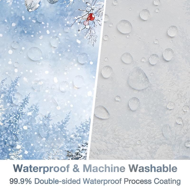 Winter Christmas Snowman Shower Curtain, Blue Xmas Pine Tree Snowflake - Image 3