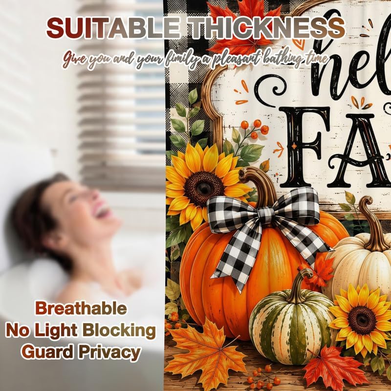 Hello Fall Shower Curtain for Bathroom Autumn Pumpkin Harvest Buffalo Plaid Check Bath Curtains Decor Waterproof Fabric with 10 Hooks, 60x72 Inch - Image 6