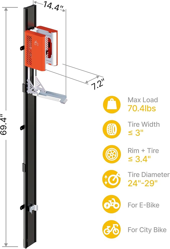 monTEK Automatic Lift EBike Rack – Fits 24-29" Tires, Heavy-Duty Vertical Wall - Image 8