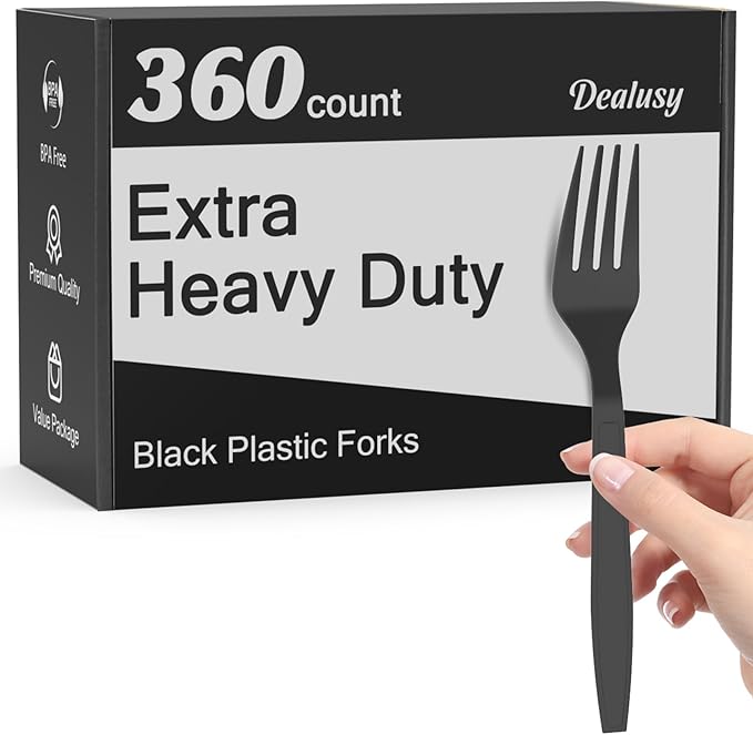 360 Count Extra Heavy Duty Black Plastic Forks Disposable, Heat Resistant by Dealusy