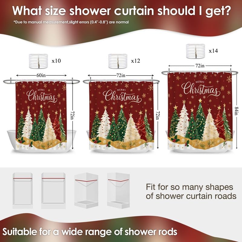 Red Christmas Shower Curtain for Bathroom, 72x78 Inch Waterproof Fabric - Image 2