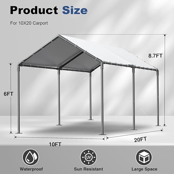 Grezone 10 x 20ft Heavy Duty Carport, Portable Car Tent Garage, All Season UV - Image 3