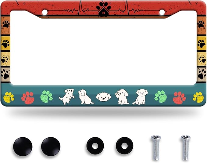Dog License Plate Frame Cute Dog Paws License Plate Stainless Steel Animal by GORSNKYE