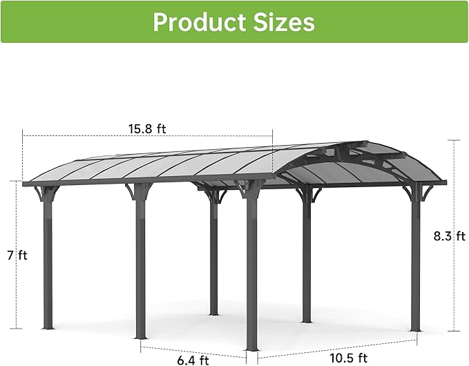 Real Relax 12x16ft Heavy Duty Metal Carport, Arch-Roof Polycarbonate Roof - Image 7